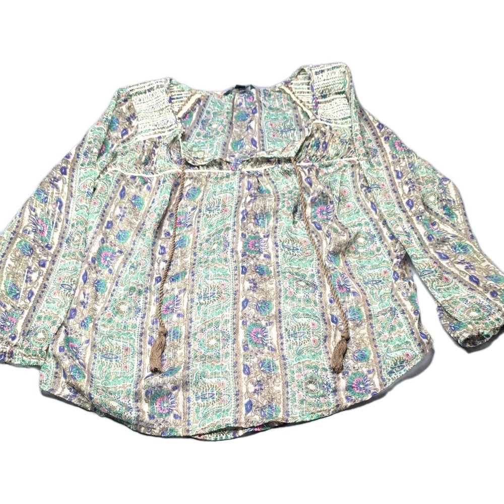 American Eagle Outfitters Paisley Smocked Tasseled Tunic Blouse Scoop Neck M